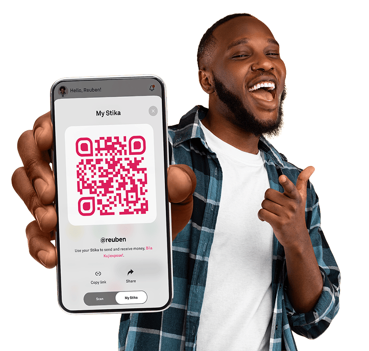 Man holding phone with Tova Edge Fintech QR code